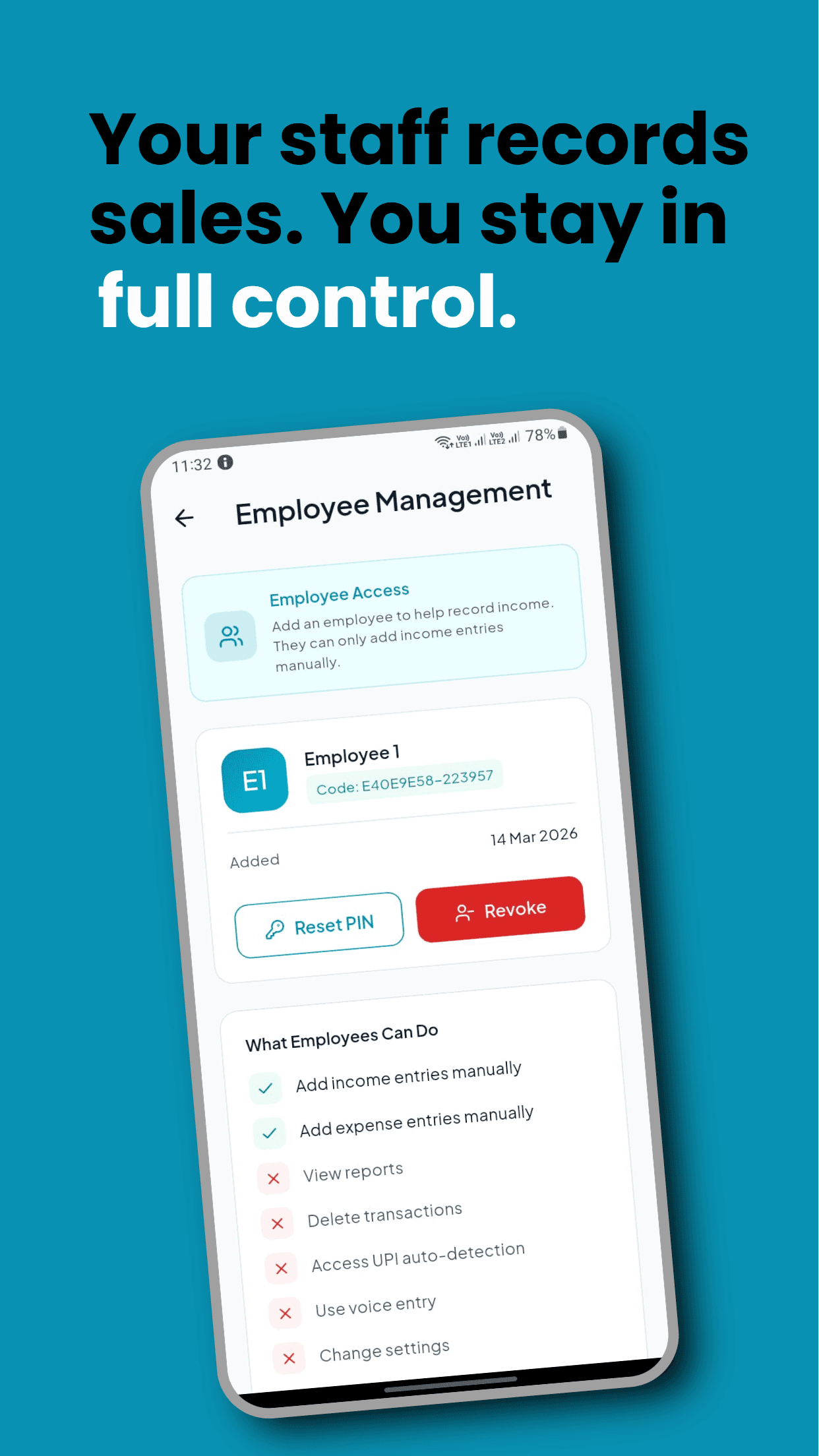 Employee management screen with role-based permissions