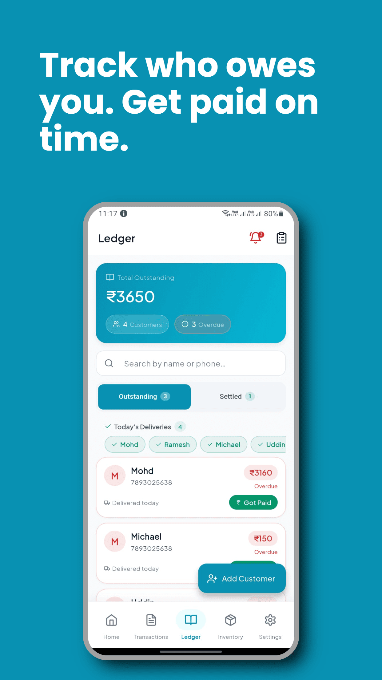 Ledger screen tracking customer credit