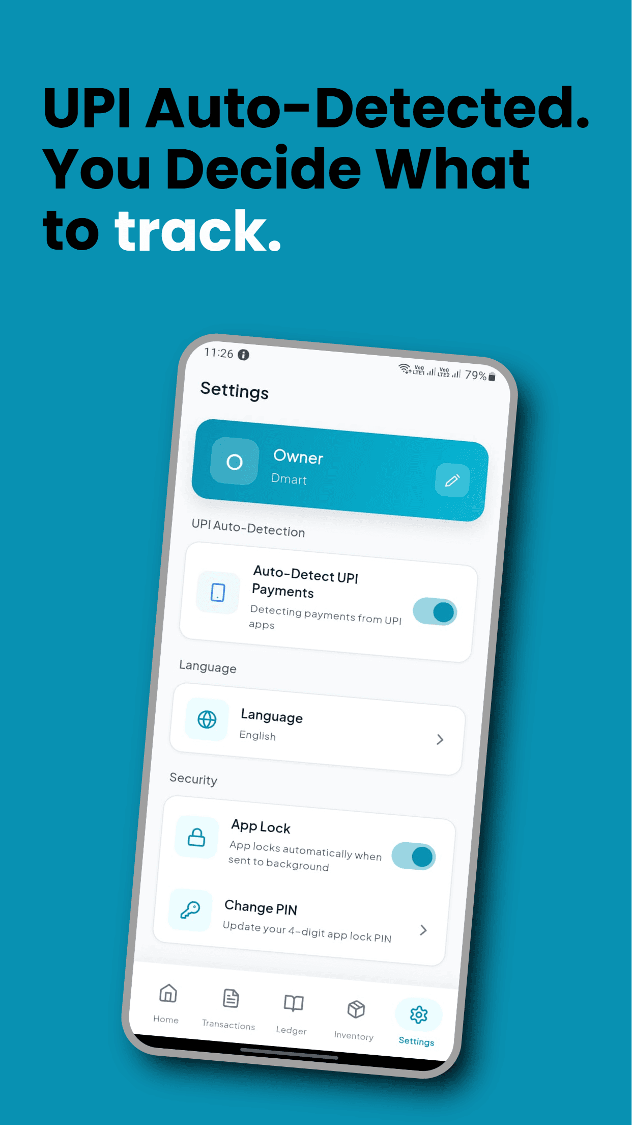 Settings screen with UPI auto-detection toggle