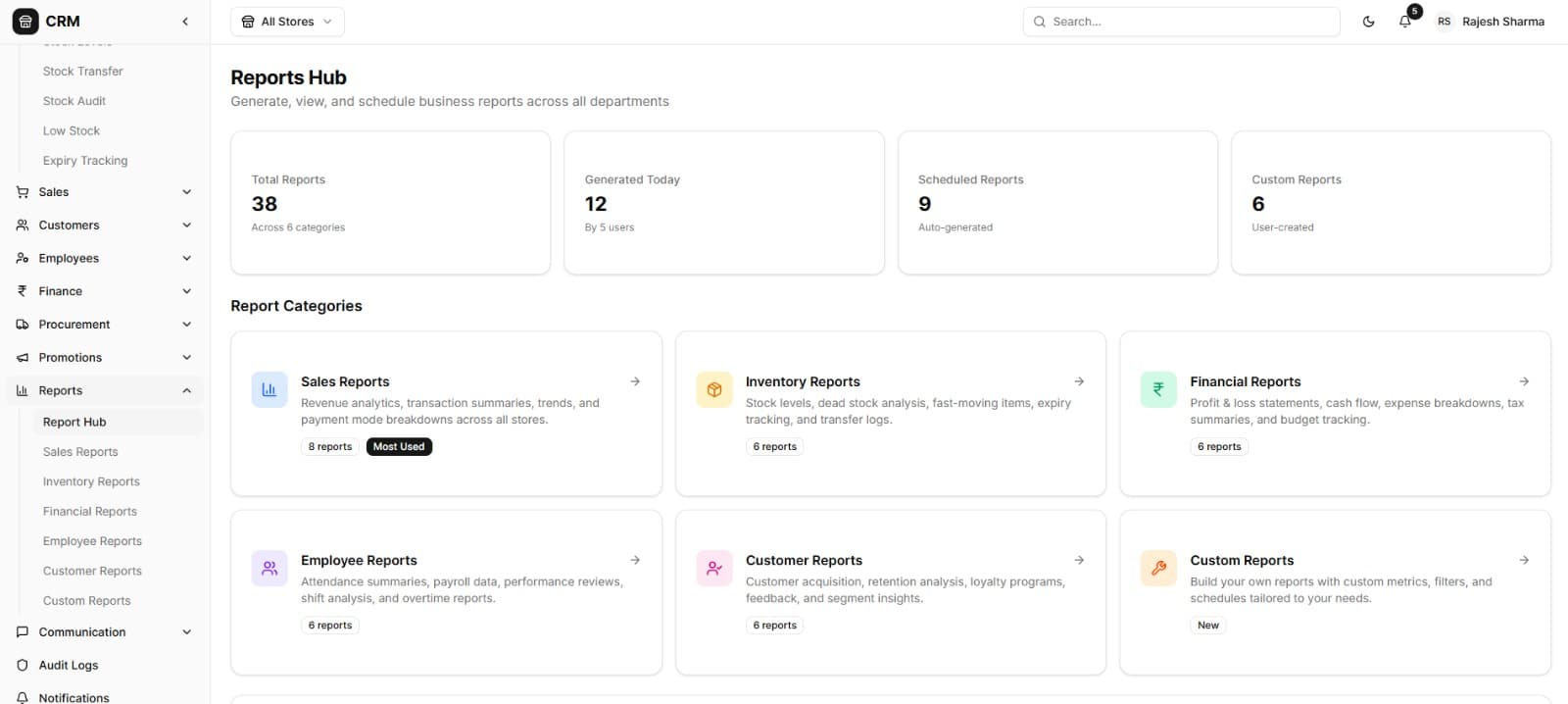 Reports Hub — Sales, Inventory, Financial, Employee, Customer, and Custom report categories with usage stats